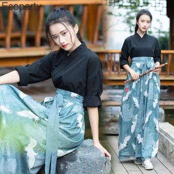 Новый женский костюм в китайском стиле, улучшенный Hanfu, Ретро-черный топ с перекрестным принтом журавля, юбки с высокой талией, традиционный костюм для женщин