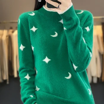 Новый кашемировый свитер, женский пуловер с круглым вырезом, осенне-зимний жаккардовый топ из 100% шерсти мериноса, модная корейская версия