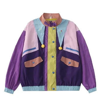 Оригинальный нишевый дизайн Harajuku, Женские базовые куртки, пальто со стоячим воротником, повседневная Свободная женская верхняя одежда, Мультяшный цветной блок
