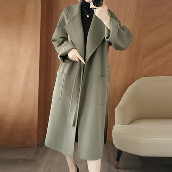 Осенне-зимнее пальто для костюма 2023 года с воротником из чистой шерсти, женское шерстяное пальто средней длины выше колена на шнуровке, тонкое двустороннее кашемировое пальто