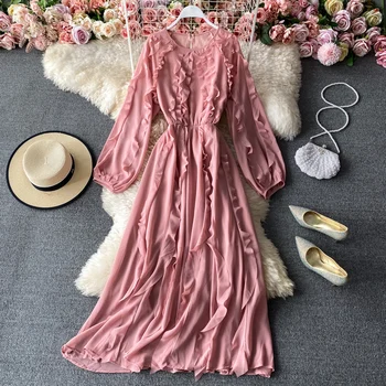 Осеннее Женское Шифоновое Длинное платье с винтажным рукавом-фонариком, высокой талией, рюшами, красное / Зеленое / Розовое Макси-платье, женская мода 2021 года