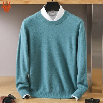 Осень-зима 2023, новый мужской однотонный свитер из норки с круглым вырезом и длинным рукавом, повседневный модный пуловер из ребристого трикотажа, Модный пуловер