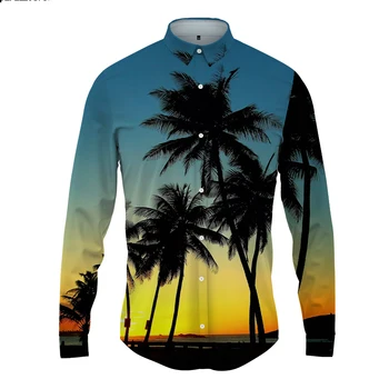 Самая продаваемая мужская повседневная рубашка с длинным рукавом 2023 года, дизайн с лацканами, однобортная, длинный рукав, кокосовая пальма, свободный крой