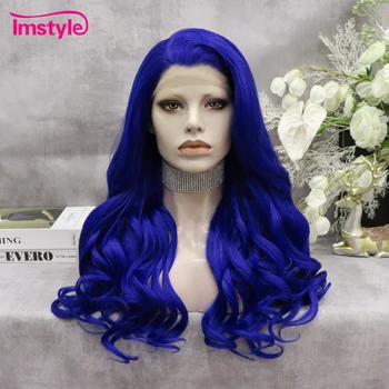 Синий кружевной парик Imstyle, Синтетический Кружевной парик Спереди, Длинные Волнистые парики для женщин, парики для косплея из термостойкого волокна