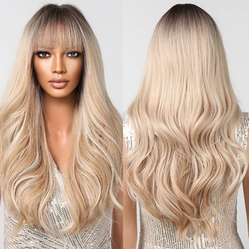 Синтетические волнистые парики платиновой блондинки коричневого цвета Омбре Для женщин с челкой, длинные Вьющиеся парики для вечеринок, повседневные волосы из термостойких волокон.