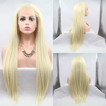 Синтетический парик на кружеве волос Медово-блондинистого цвета, Прямое Термостойкое волокно, натуральная линия роста волос, Без пробора для белых женщин