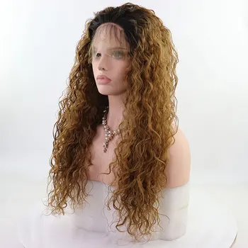 Синтетический парик с кружевом спереди, Черное Омбре, Коричневые Упругие вьющиеся волосы из термостойких волокон, натуральная линия роста волос С волосами младенца Для женщин, парики