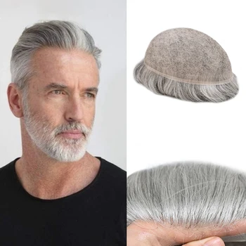 Система для волос Eeka Hair с французским кружевом Для мужчин с седыми волосами, протез из настоящих человеческих волос С обесцвеченными узелками