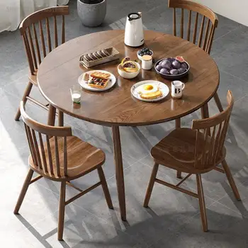 Сочетание обеденного стола и стула из массива дерева в скандинавском стиле, складной современный простой круглый стол для маленькой квартиры, телескопический светильник, роскошь
