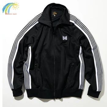 Спортивная куртка с иглами Для мужчин и женщин, вышивка белой бабочкой 1: 1, верхняя одежда в полоску, Классическое черное пальто на молнии