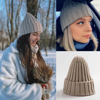 Теплые вязаные шапочки, однотонное вязание в стиле ретро, зима-осень, женская шапка, капот, женские шапки для девочек, зимняя шапочка-бини