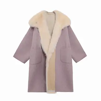 Фиолетовая шуба Осенне-зимняя с двусторонней прошивкой, Мех длинный, Бархатная подкладка, Шерстяное пальто в национальном стиле, толстое