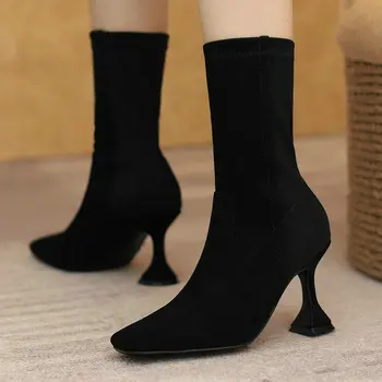 Черно-коричневые женские ботильоны абрикосового цвета с квадратным носком, женские эластичные ботинки в необычном стиле, женские ботинки без застежки из искусственной замши, Большой размер 43