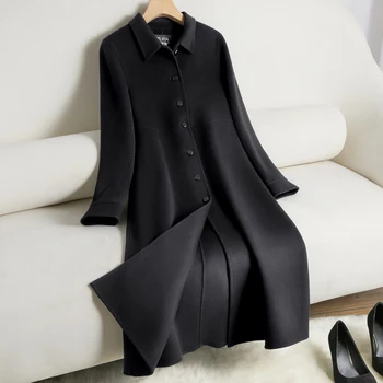 Черное Новое Двустороннее Кашемировое пальто Женское шерстяное пальто средней длины с тонким воротником 2022 года