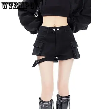 Черные шорты с большим карманом, женские повседневные шорты в стиле сафари, американская винтажная мода, уличный стиль в стиле панк, летняя прямая поставка