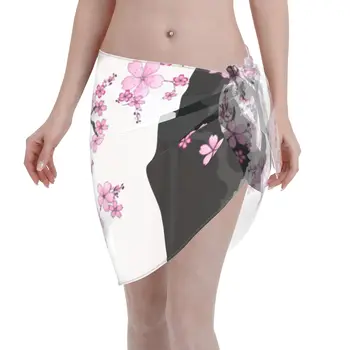 Чехлы для купальников Cherry Blossom для женщин, саронг, пляжное бикини, прозрачная короткая юбка, шифоновый шарф для купальников