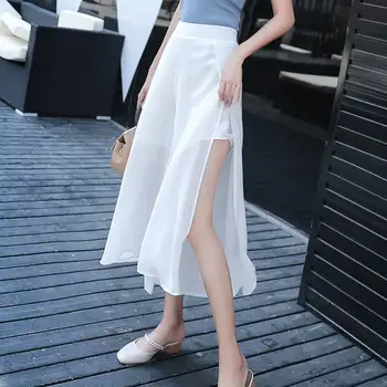 Широкие шорты с разрезом по бокам, юбка, женские летние Милые Тонкие шифоновые юбки-капри, юбка-брюки из тюля с разрезом по бокам в корейском стиле