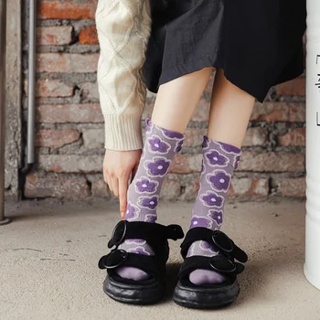 Японская мода, Кавайные Милые носки, Фиолетовые женские носки, Винтажные носки в корейском стиле, Этническая цветочная вышивка Харадзюку Оптом